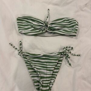 SHEIN Green and White Striped Bandeau Tie-Side Bikini